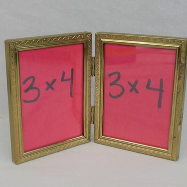 Vintage Hinged Double Picture Frame - Gold Tone Metal w/ Glass - Some Rust Spots - 3