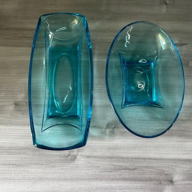 Set of 2 Hazel Atlas Capri Colony Celery Dish,Celeste Blue Vintage Glassware,Art Deco Depression Glass Rectangular Bowl 