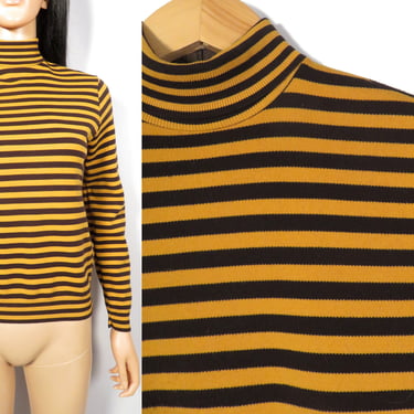 Vintage 60s Mod Mustard Yellow And Brown Striped Nylon Turtleneck Size M 