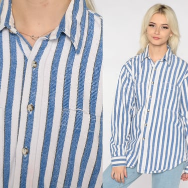 Striped Button Up Shirt 90s Woven Cotton Collared Shirt Lightweight Blue White Oxford Top 1990s Vintage Long Sleeve Boyfriend Shirt Large L 