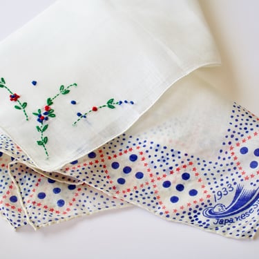 1930s Japanese Polka Dot Silk Scarf and Hand Embroidered Linen Handkerchief - Set of Two Vintage Hankies 