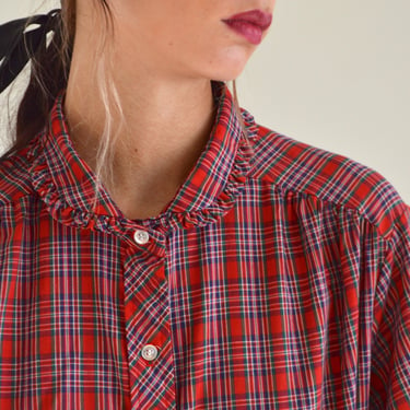 red plaid ruffled trim collar button down 70s shirt 