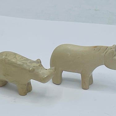 Vintage Soapstone Hand Carved Rhinoceros and Hippo Figures 