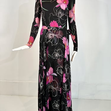 La Mendola 2pc Orchid Print Jersey Maxi Dress &amp; Silk Chiffon Over Skirt 1960s
