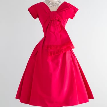 Exquisite 1950's Christian Dior Demi Couture Cerise Silk Faille Cocktail Dress With Bow / SM