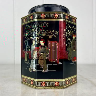 Vintage Chinoiserie Canister, Black Metal by The Metal Tray Mfg Co, 6.25” tall, Made in England, for home decor, counter storage, gift 