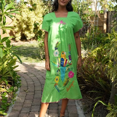Vintage Tunic Embroidered  Dress / Green Bird Embroidery Dress / Festival Dress / Coachella / Haute Hippie / Nicaragua Dress 