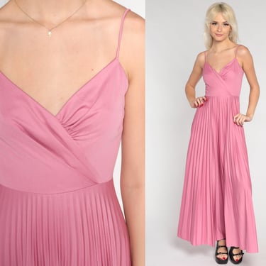 Pink Grecian Gown 70s Maxi Party Dress Retro Pleated Long Sleeveless V Neck Formal Cocktail Prom Simple Plain Vintage 1970s Small S 