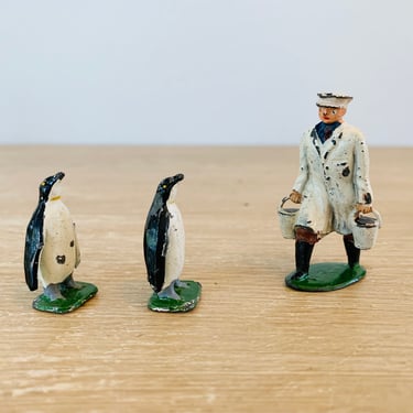 Vintage Penguins and Zookeeper Metal Toys Zoo Figures Metal Toys Lead Figurines Britains Zoo Made in England 