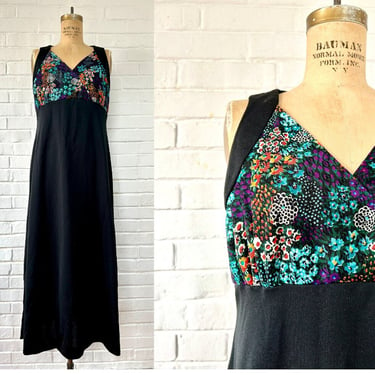 1970's Size 14/16 Black Maxi Gown with Neon Floral Bodice 
