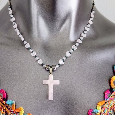Hand Beaded Rose Quartz Heart & Cross Necklace, Liquid Silver Beads 