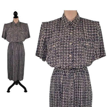 L 80s Shirtwaist Dress Large, Polyester Short Sleeve Pleated Belted Shoulder Pad Secretary Church, 1980s Clothes Women Vintage LESLIE FAY 