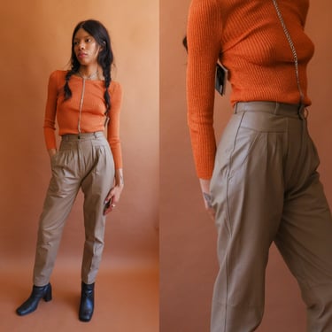 Vintage 80s Taupe Leather Trousers/ 1980s High Waisted Light Brown Pleated Leather Pants/ Size Small 25 