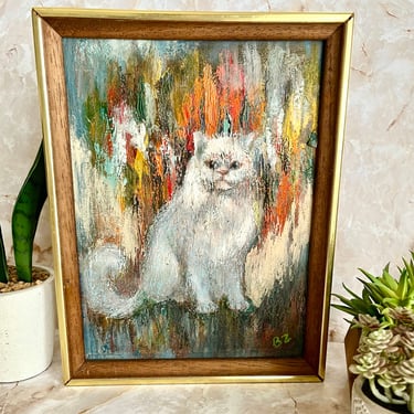 Abstract Oil Painting, Beautiful Cat, Mid Century Art, Artist Signed, Vintage 60s 70s  OOAK Wall Decor 