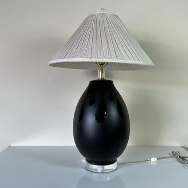 80's Postmodern Black Glazed Ceramic Table Lamp on Lucite Base 