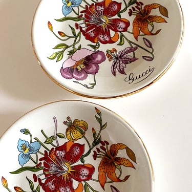 Vintage GUCCI Monogram 2 Piece SET!!  FLORA Floral Jewelry Trinket Tray Catch All Dish Home Decor 