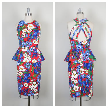 vintage 1980s floral dress, two piece, peplum top and matching skirt, open back, lattice back, tulip print, size medium 