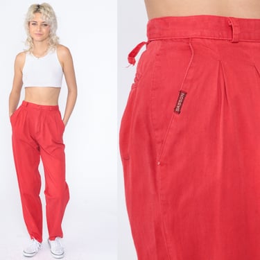Red Cotton Trousers 80s Sasson Pleated Pants High Waisted Rise Tapered Leg Retro Preppy Slacks Plain Mom Vintage 1980s Extra Small xs 24 