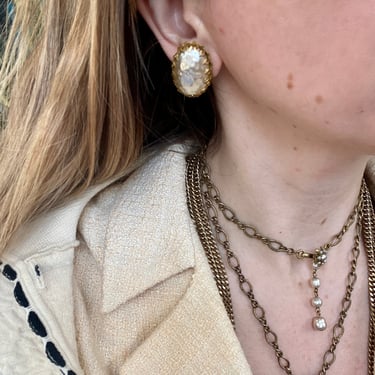 Designer Miriam Haskell Pearl & Gold Earrings