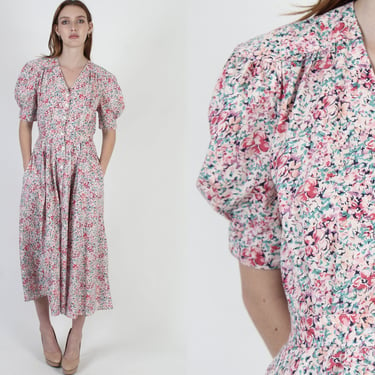 80s Liberty Print Garden Dress / 1980's Simple Secretary Outfit / 80's Vintage Full Skirt Maxi Dress With Pockets 