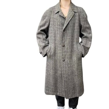 Vintage Mens Harris Tweed Gray Wool Hand Woven in Scotland Long Trench Coat Sz M 