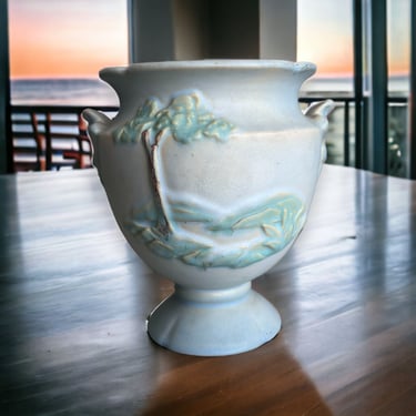 Vintage Weller Pottery Signed Scenic Blue Handled Vase Urn 