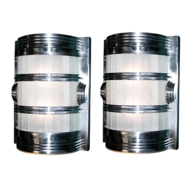 Pair of Impressive Art Deco Sconces with Frosted Glass and Metal. U.S.A. 1930's.