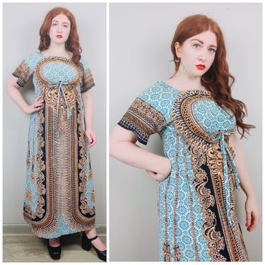 1970s Vintage Soft Cotton Batik Print Maxi Dress / 70s / Seventies Bohemian Empire Waist Drawstring Gown / Size Large 