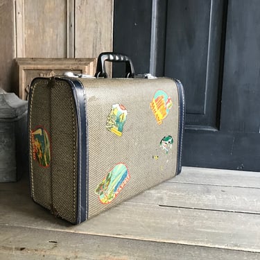 Mid Century Suitcase, Tweed Style, Cosmetic, Small Travel Train Case, International Travel Stickers 