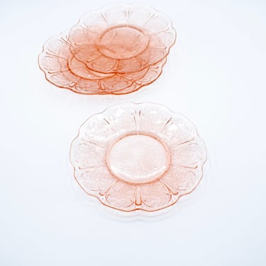 Vintage Pink Glass Plate Set |  Set of 4 |  Jeannette Glass Co. | Cherry Blossom Sherbet Plate Set |  Depression Glass 