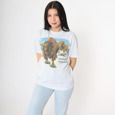 Vintage 90s Buffalo T-Shirt Arlington Wyoming Animal Wildlife Bison Graphic Tee 1990s Short Sleeve Flecked White Blue Small Medium Unisex 