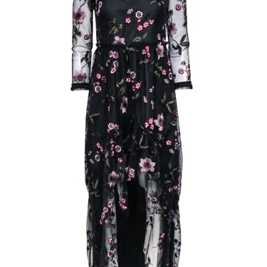 Shoshanna - Black Mesh Formal Dress w/ Pink Floral Embroidery Sz 2