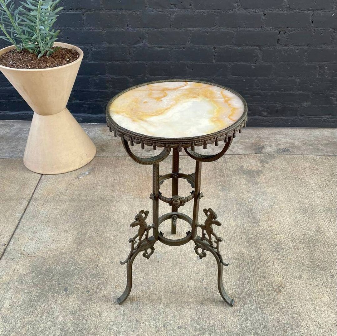 Antique Victorian Style End Table with Angel Motifs & Stone Top