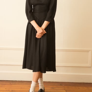 1980s Black Crepe Dress with White Lace Collar 