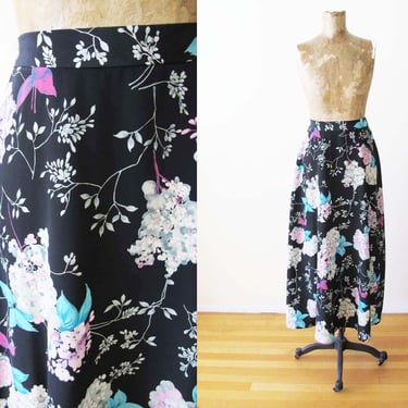 2000s Black Floral Midi Skirt S M - 90s y2k High Waist Long Flowy Skirt - Womens Spring Garden Boho Skirt 