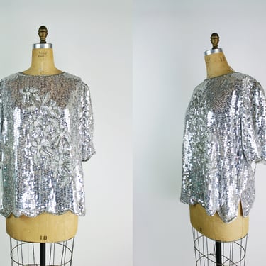 80s Silver Beaded Sequined Party Top / Size L/XL 