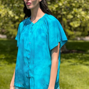 Short Sleeve Classic Blouse | Turquoise Painter's Splash