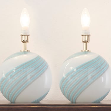 Set of 2 Vintage White color Murano glass table lamp with turquoise and gray filigree decoration, handmade Made in Italy 