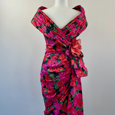 1980s Victor Costa Floral Pleated Dress 