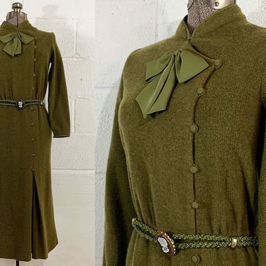 Vintage Moss Green Dress Mossy Bow 1980s 80s Kawaii Long Sleeve Shift Dress Pleated Medium Small 