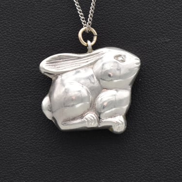 60's cast sterling resting rabbit pendant, whimsical mid-century hollow 925 silver bunny necklace 