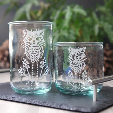 Recycled Glass Cup - Owl Cat eco glass tumbler for drinking or candles 