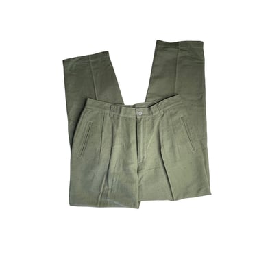 Vintage Women's 90's Liz Sport Green Pleated Linen Blend High Waisted Trouser Pants, Size 14 