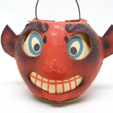 Antique German Red Devil Jack O Lantern,  Pressed Cardboard, Vintage Halloween Candy Container, GERMANY 
