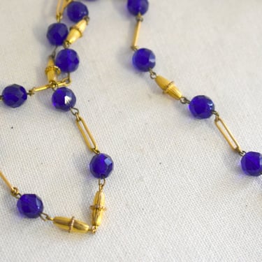 Vintage Gold Link Necklace with Blue Faceted Beads 