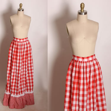1970s Red and White Gingham Lace Trim Ankle Length Prairie Western Cottagecore Skirt -XS 