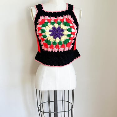 Vintage 1970s Granny Square Crochet Vest / Top // XS 