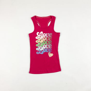 y2k Pink Racerback Ribbed Tank Top with Allover Love Print / Glitter / Metallic / Mean Girls / 00s / Mariah Carey / Lilo / Paris Hilton / L 