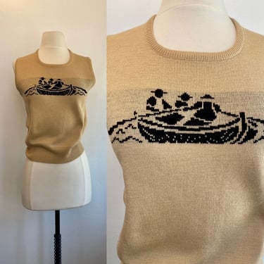 Fun 70s SWEATER VEST Of ROWERS Rowing a Rowboat / Tami of California 