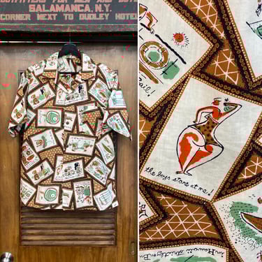Vintage 1950’s Atomic Cartoon Tiki Funny Cotton Hawaiian Shirt, Loop Collar, Rare, 50’s Vintage Clothing 